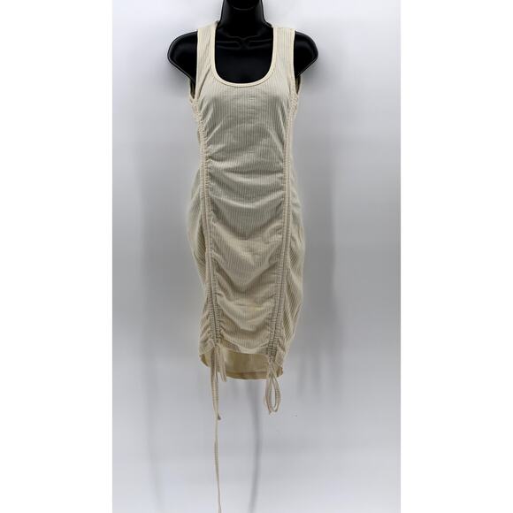 PRETTYLITTLETHING Women's Beige Scoop-Neck Ribbed Side-Ruched Mini Dress SZ 6 - Picture 1 of 11